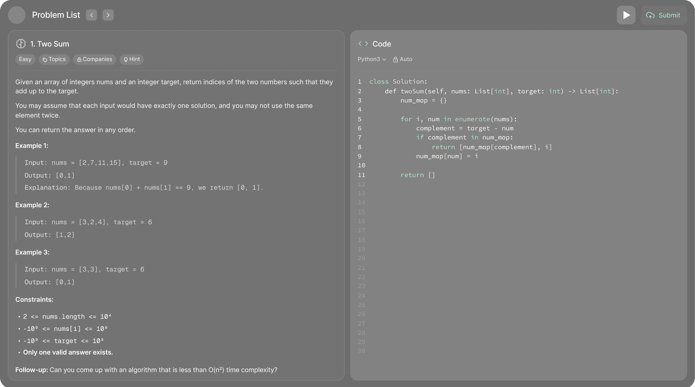 AI Interview Assistant - Code panel interface showing Two Sum problem